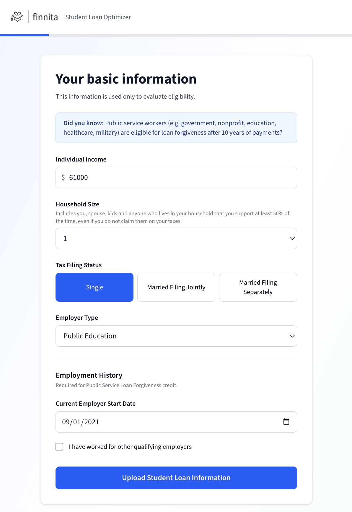 Finnita benefit analysis screen showing the initial loan assessment intake form