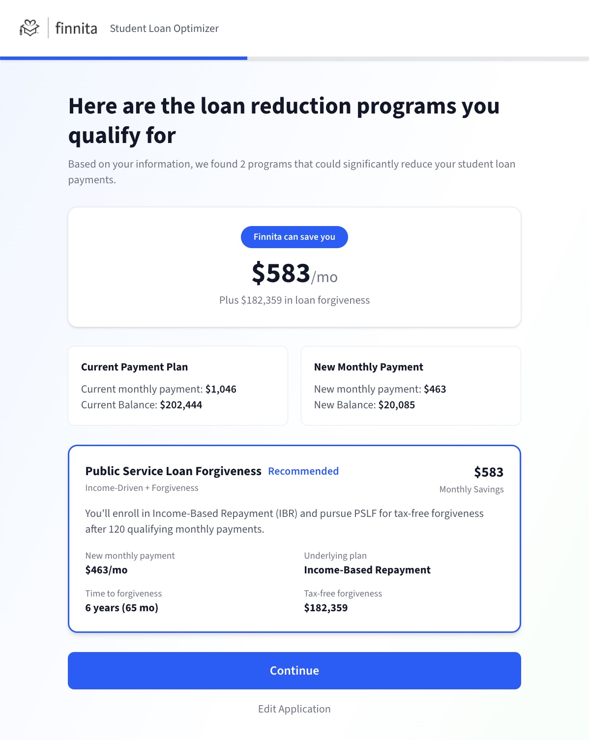Finnita loan reduction programs view showing qualifying federal programs and projected savings