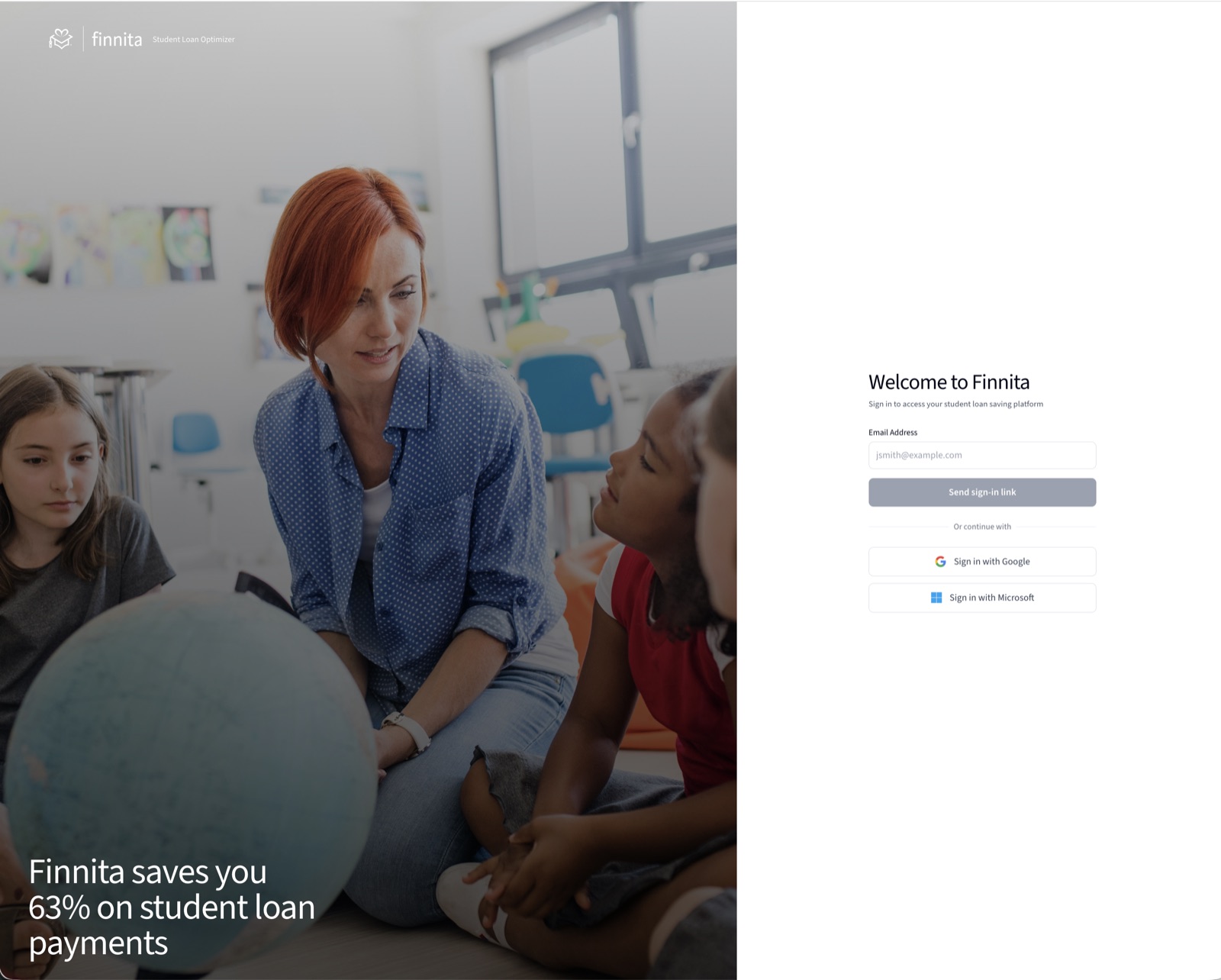 Finnita customer portal welcome screen where borrowers sign in to manage their enrollment
